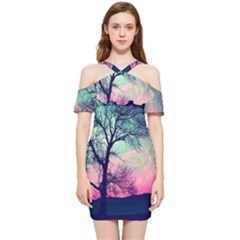 Tree Abstract Field Galaxy Night Nature Shoulder Frill Bodycon Summer Dress by uniart180623