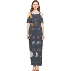 Space Background Illustration With Stars And Rocket Seamless Vector Pattern Draped Sleeveless Chiffon Jumpsuit