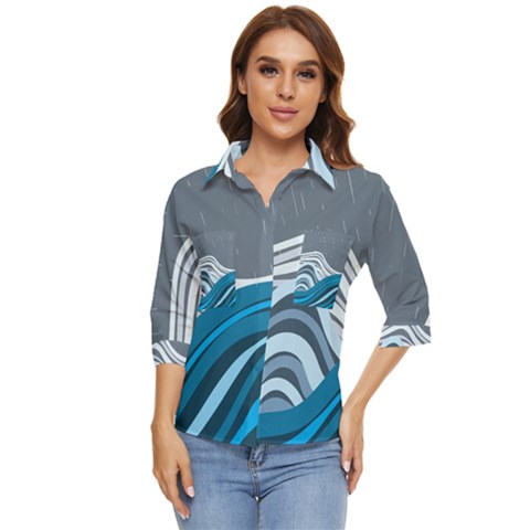 Waves Ink Abstract Texture Art Women s Quarter Sleeve Pocket Shirt by uniart180623