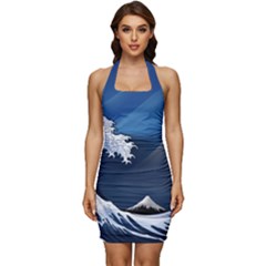 The Great Wave Off Kanagawa Sleeveless Wide Square Neckline Ruched Bodycon Dress by Grandong