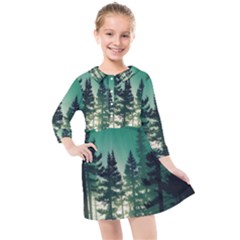 Magic Pine Forest Night Landscape Kids  Quarter Sleeve Shirt Dress by Simbadda
