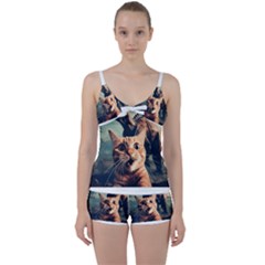 Crazy Cat Selfie Run Time Travel Can Be Dangerous Cat Love Tie Front Two Piece Tankini by shoopshirt