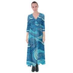 Ocean Waves Sea Abstract Pattern Water Blue Button Up Maxi Dress by Simbadda