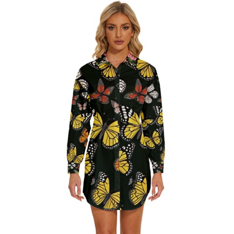 Flowers Butterfly Blooms Flowering Spring Womens Long Sleeve Shirt Dress by Simbadda