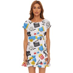 Cinema Icons Pattern Seamless Signs Symbols Collection Icon Puff Sleeve Frill Dress by Simbadda