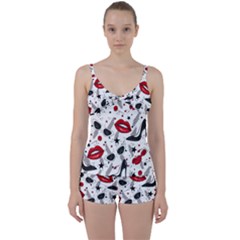 Red Lips Black Heels Pattern Tie Front Two Piece Tankini by Simbadda