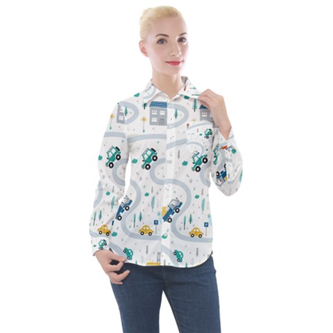 Cute Children Seamless Pattern With Cars Road Park Houses White Background Illustration Town Cartooo Women s Long Sleeve Pocket Shirt by Simbadda