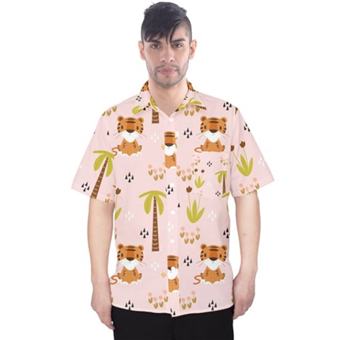 Cute Tiger Car Safari Seamless Pattern Men s Hawaii Shirt by Simbadda