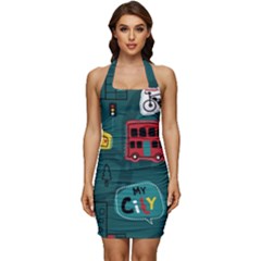 Seamless Pattern Hand Drawn With Vehicles Buildings Road Sleeveless Wide Square Neckline Ruched Bodycon Dress by Simbadda