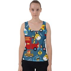 Seamless Pattern Vehicles Cartoon With Funny Drivers Velvet Tank Top