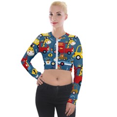 Seamless Pattern Vehicles Cartoon With Funny Drivers Long Sleeve Cropped Velvet Jacket by Simbadda