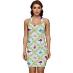 Birds Pattern Background Sleeveless Wide Square Neckline Ruched Bodycon Dress