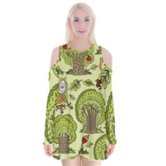 Seamless Pattern With Trees Owls Velvet Long Sleeve Shoulder Cutout Dress