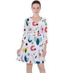Vector Set Isolates With Cute Bird Scandinavian Style Quarter Sleeve Ruffle Waist Dress by Simbadda