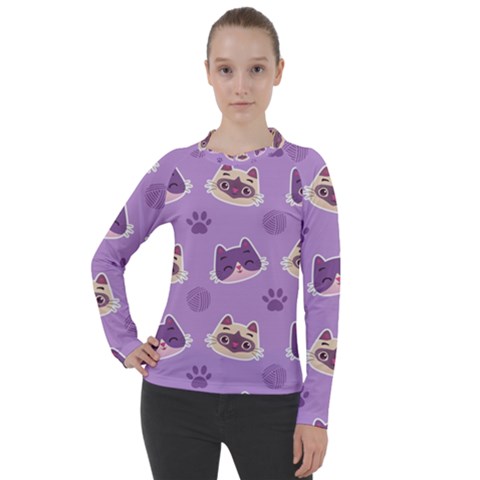 Cute-colorful-cat-kitten-with-paw-yarn-ball-seamless-pattern Women s Pique Long Sleeve Tee by Simbadda