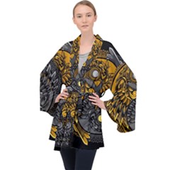 Yin-yang-owl-doodle-ornament-illustration Long Sleeve Velvet Kimono  by Simbadda