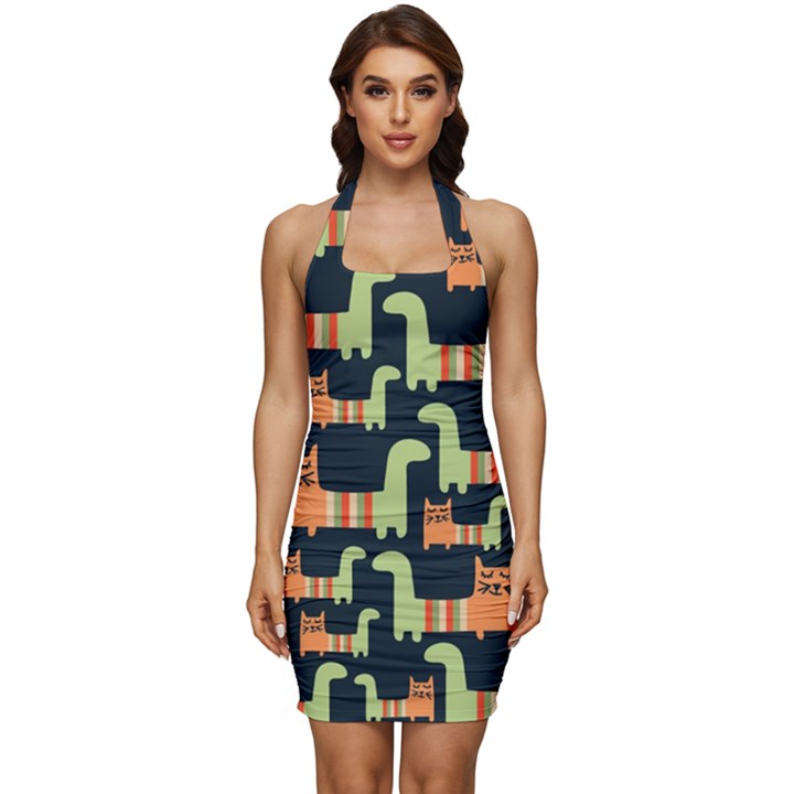 Seamless-pattern-with-cats Sleeveless Wide Square Neckline Ruched Bodycon Dress