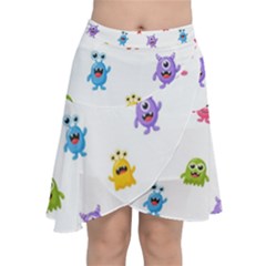 Seamless-pattern-cute-funny-monster-cartoon-isolated-white-background Chiffon Wrap Front Skirt by Simbadda
