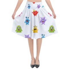 Seamless-pattern-cute-funny-monster-cartoon-isolated-white-background Flared Midi Skirt by Simbadda