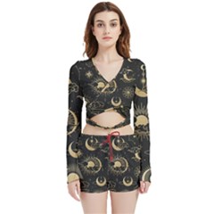 Asian Seamless Pattern With Clouds Moon Sun Stars Vector Collection Oriental Chinese Japanese Korean Velvet Wrap Crop Top And Shorts Set by Grandong