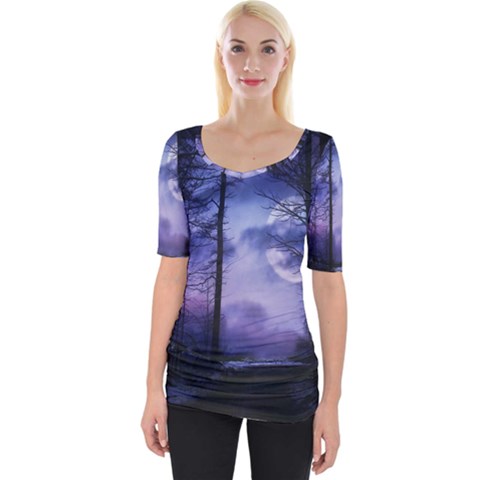 Moonlit A Forest At Night With A Full Moon Wide Neckline Tee by Proyonanggan