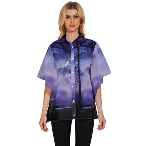 Moonlit A Forest At Night With A Full Moon Women s Batwing Button Up Shirt by Proyonanggan