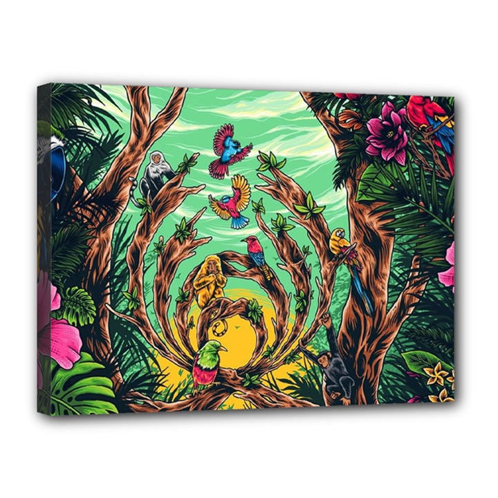 Monkey Tiger Bird Parrot Forest Jungle Style Canvas 16  x 12  (Stretched)