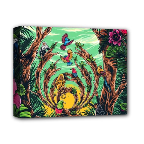 Monkey Tiger Bird Parrot Forest Jungle Style Deluxe Canvas 14  X 11  (stretched) by Grandong