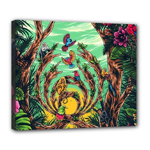 Monkey Tiger Bird Parrot Forest Jungle Style Deluxe Canvas 24  X 20  (stretched) by Grandong