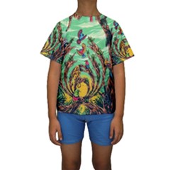 Monkey Tiger Bird Parrot Forest Jungle Style Kids  Short Sleeve Swimwear by Grandong