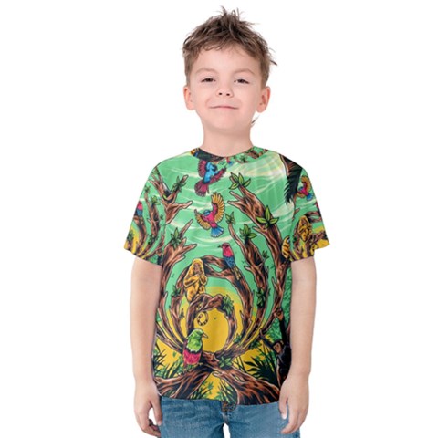 Monkey Tiger Bird Parrot Forest Jungle Style Kids  Cotton Tee by Grandong