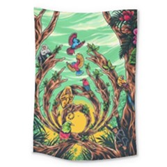 Monkey Tiger Bird Parrot Forest Jungle Style Large Tapestry by Grandong