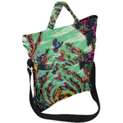 Monkey Tiger Bird Parrot Forest Jungle Style Fold Over Handle Tote Bag by Grandong