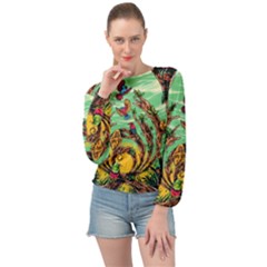 Monkey Tiger Bird Parrot Forest Jungle Style Banded Bottom Chiffon Top by Grandong