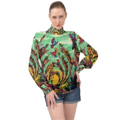 Monkey Tiger Bird Parrot Forest Jungle Style High Neck Long Sleeve Chiffon Top by Grandong