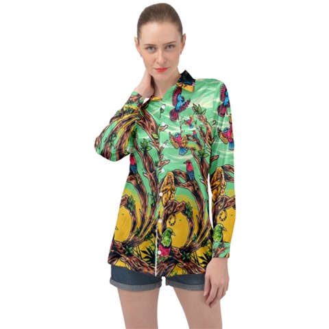 Monkey Tiger Bird Parrot Forest Jungle Style Long Sleeve Satin Shirt by Grandong