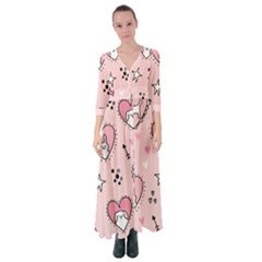 Cartoon Cute Valentines Day Doodle Heart Love Flower Seamless Pattern Vector Button Up Maxi Dress