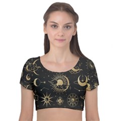 Asian-set With Clouds Moon-sun Stars Vector Collection Oriental Chinese Japanese Korean Style Velvet Short Sleeve Crop Top  by Bangk1t