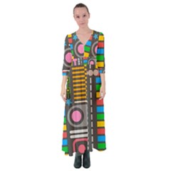 Pattern Geometric Abstract Colorful Arrows Lines Circles Triangles Button Up Maxi Dress