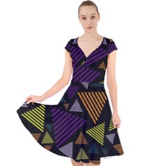 Abstract Pattern Design Various Striped Triangles Decoration Cap Sleeve Front Wrap Midi Dress