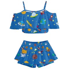Space Rocket Solar System Pattern Kids  Off Shoulder Skirt Bikini