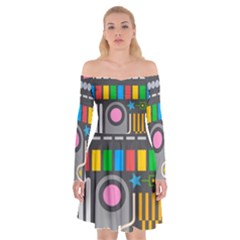 Pattern Geometric Abstract Colorful Arrow Line Circle Triangle Off Shoulder Skater Dress