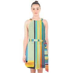 Colorful Rainbow Striped Pattern Stripes Background Halter Collar Waist Tie Chiffon Dress