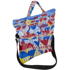 City Houses Cute Drawing Landscape Village Fold Over Handle Tote Bag