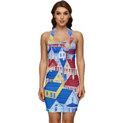 City Houses Cute Drawing Landscape Village Sleeveless Wide Square Neckline Ruched Bodycon Dress