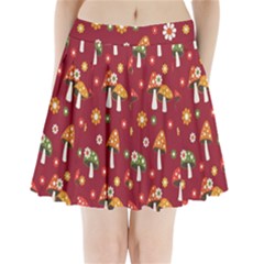 Woodland Mushroom And Daisy Seamless Pattern On Red Backgrounds Pleated Mini Skirt by Amaryn4rt