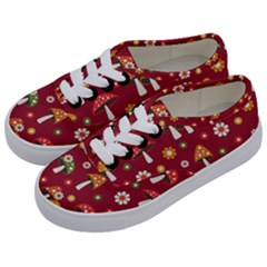 Woodland Mushroom And Daisy Seamless Pattern On Red Backgrounds Kids  Classic Low Top Sneakers by Amaryn4rt