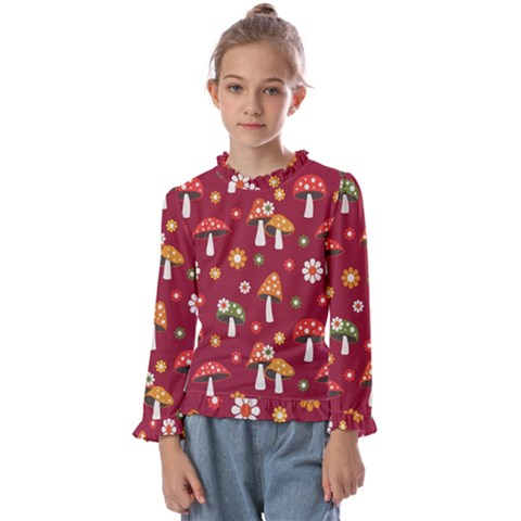 Woodland Mushroom And Daisy Seamless Pattern On Red Backgrounds Kids  Frill Detail Tee by Amaryn4rt