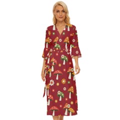 Woodland Mushroom And Daisy Seamless Pattern On Red Backgrounds Midsummer Wrap Dress