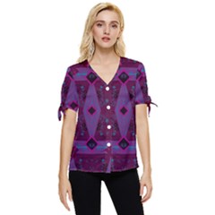 Mazipoodles Origami Chintz - Magenta Blue Fuchsia Black Bow Sleeve Button Up Top by Mazipoodles